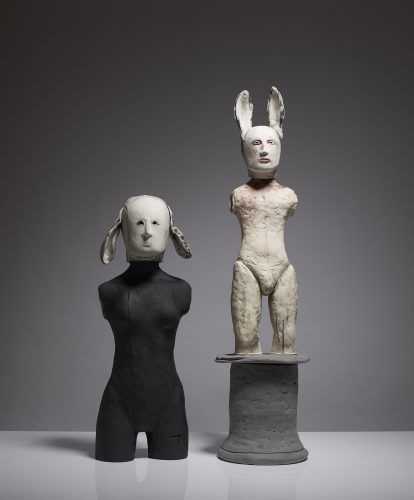 Left: Lop-eared Woman Right: Statue, 2015, ceramic